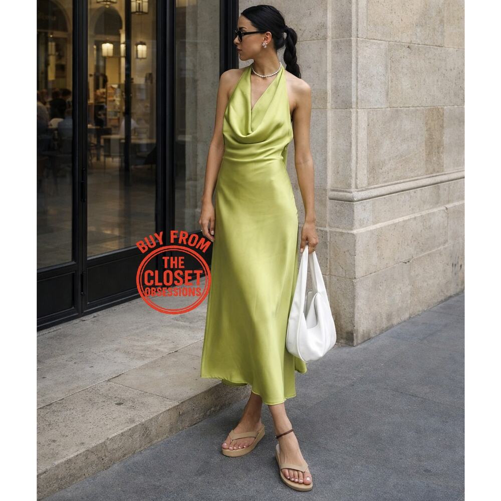 MANGO Green Open Back Satin Midi Dress NWT Cowl Neck Wedding Guest - Picture 6 of 16